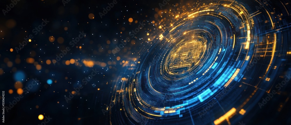 Poster abstract digital background with glowing circles and particles, creating a futuristic atmosphere of 