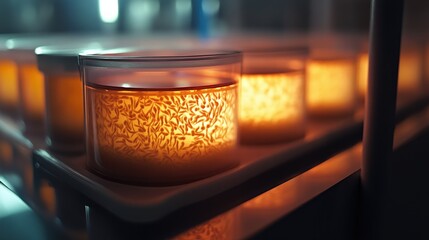 The image captures vibrant jars containing glowing cultured cells, symbolizing scientific exploration and advancements in biotechnology.