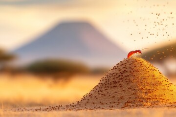 A captivating shot of a termite mound with tiny termites working diligently under the hot African sun