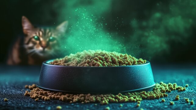 An intriguing image of a cat food bowl with green powder, set to evoke curiosity, showcasing the blurry figure of a cat, adding an air of mystery and warmth.