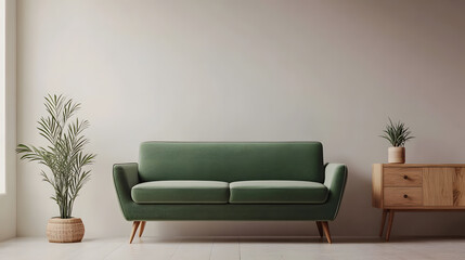 Modern Living Room Interior Design with Green Velvet Sofa and Wooden Sideboard