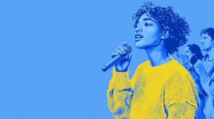 A Black teen hosting a poetry slam at the library Pop art aesthetics illustration.