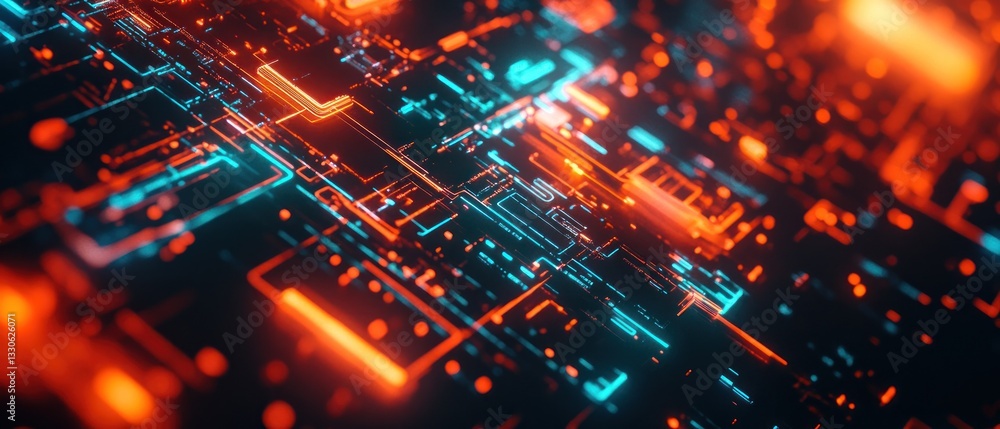Poster abstract digital circuit background with glowing lines and particles, creating a futuristic technolo