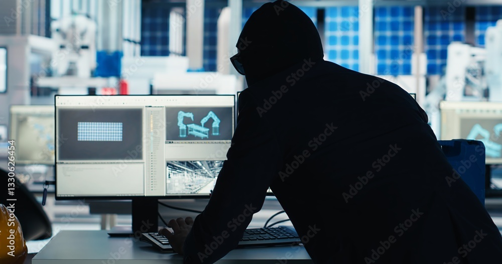 Poster masked worker in photovoltaics factory commits corporate espionage, stealing proprietary technology 