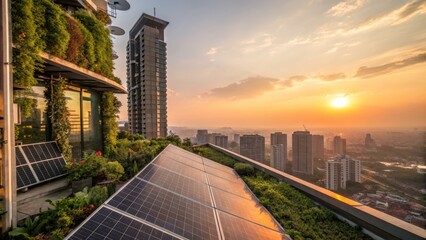 Sustainable Cityscape with Solar Panels and Green Roof
