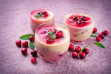 Vanilla cream dessert pudding with cranberry sauce topping served as close-up in a classical glass