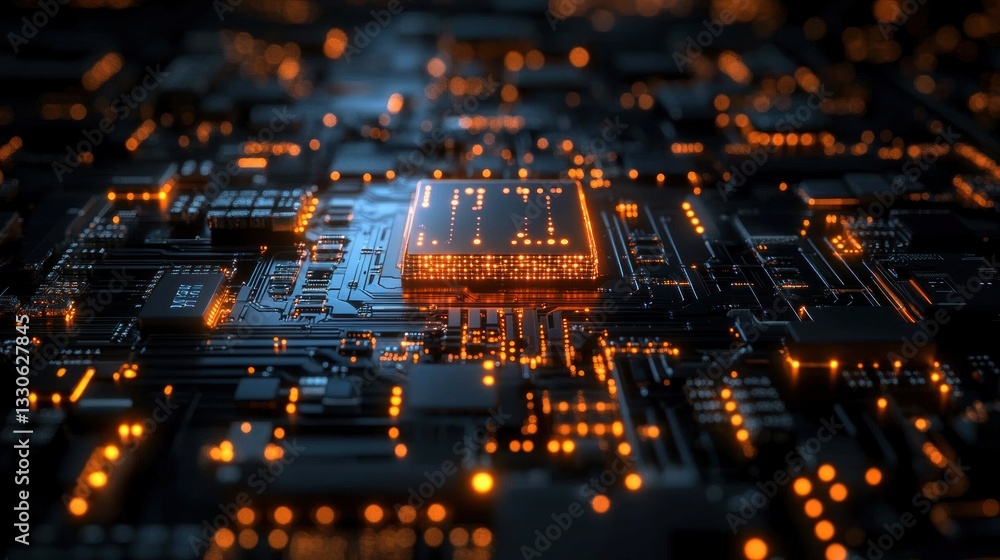 Poster illuminated circuit board: a close-up view of a computer's central processing unit