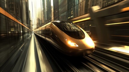 Fototapeta premium Golden train speeding through urban city