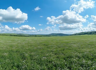 Fototapeta premium Expansive Green Meadow Under Blue Sky with White Clouds and Rolling Hills in the Distance, Captivating Nature Scene Full of Tranquility and Serenity