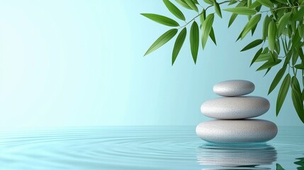 Three Grey Stones Balanced on Water with Green Leaves