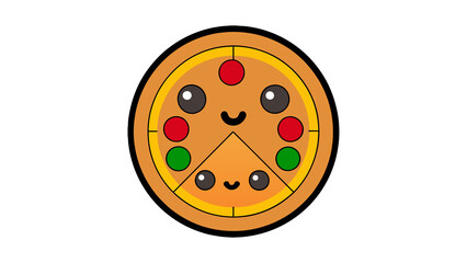 Cute cartoon pizza slice with smiling face and pepperoni in playful style
