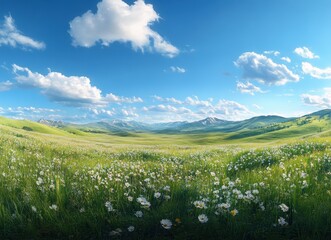 Fototapeta premium Expansive Meadow with Colorful Wildflowers Under a Clear Blue Sky and Distant Snow-Capped Mountains in a Peaceful Landscape