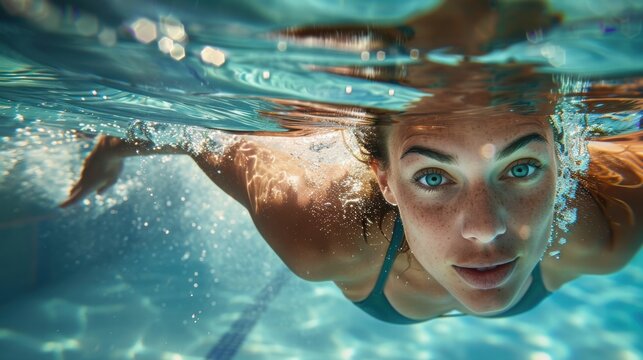 A dynamic underwater shot of a professional female swimmer in motion.