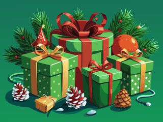 vector of  Christmas gifts with green wrapping and pinecones on a rich green background.
