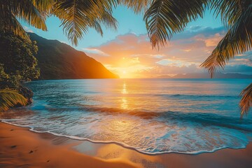 Scenic View of a Tropical Beach at Sunset