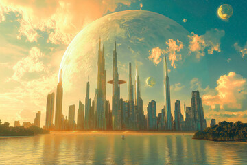 Sci-Fi Planet Landscape Featuring Towering Cities and Orbiting Spacecraft
