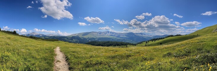 Fototapeta premium Expansive View of Mountain Landscape with Lush Green Meadows and Bright Blue Sky in Summer Sunshine