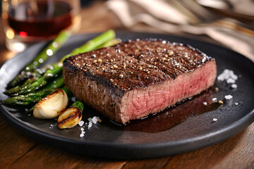 Grilled wagyu steak with asparagus on a plate, in a restaurant setting. Side view