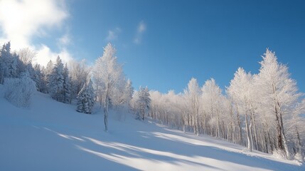 snow-covered trees on a hillside under a clear, bright blue sky.