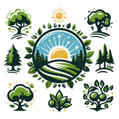 Wektorowy logotyp z ilustracją przyrody w stylu kolorowego modernizmu na izolowanym przezroczystym tle clipart, idealny do brandingu, ekologii i nowoczesnych projektów kreatywnych.