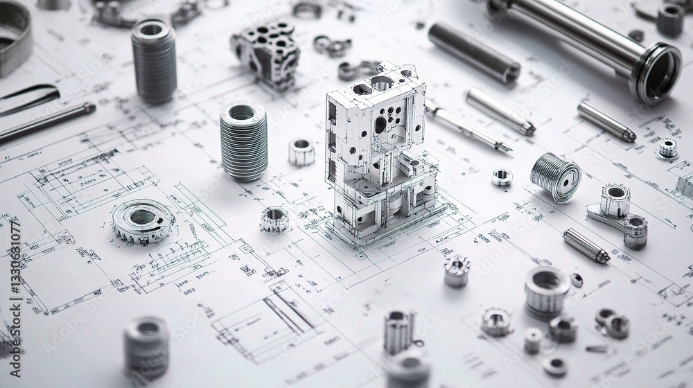 Poster sectioned mechanical components and blueprints on work surface
