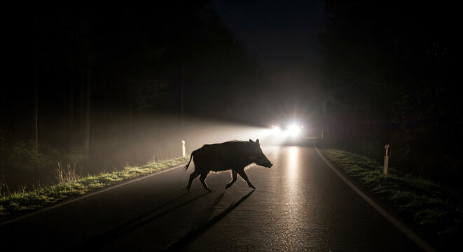 Un sanglier traversant ou courant devant une voiture la nuit. Accidents de la route impliquant des animaux. Danger. Incidents avec des animaux sauvages sur la route