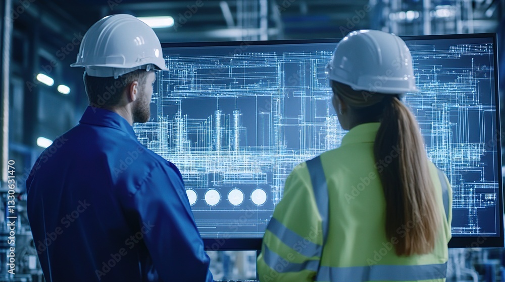 Poster engineers analyzing data in power plant control room setting