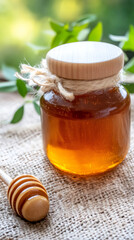 Amber honey jar, wooden lid, twine-wrapped, dipper resting on rustic burlap with soft verdant backdrop