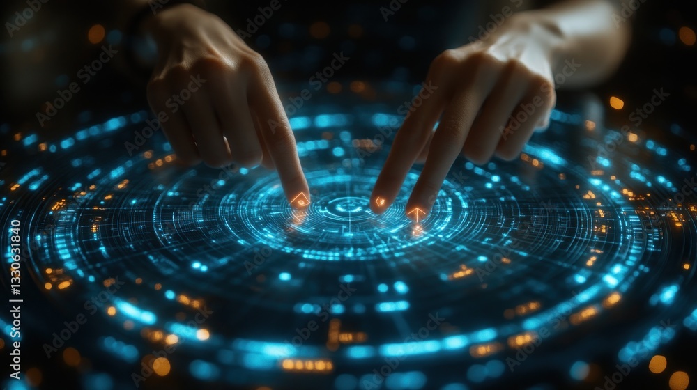 Poster futuristic interface: hands interacting with a holographic display