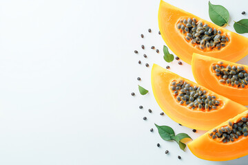 Sliced Papaya and Seeds on a White Background
