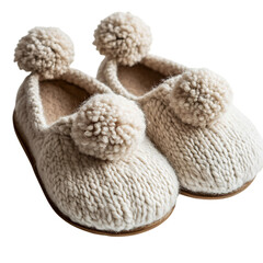 A Pair of White Woolen Slippers with Pom Poms Isolated on Transparent Background