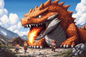 Fototapeta premium A pixel art depiction of a dragon breathing fire at a small pixelated village, with vibrant flames and animated villagers running in panic