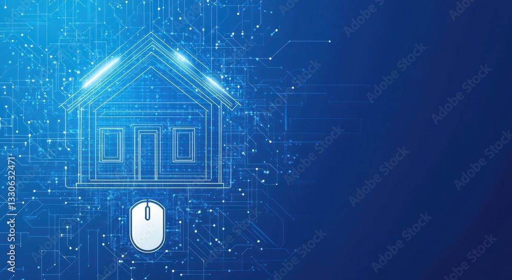 Poster futuristic concept of smart home technology with mouse pointer and digital circuit background for mo