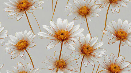 A repeating pattern with daisy flowers in monochrome tones with a gold accent