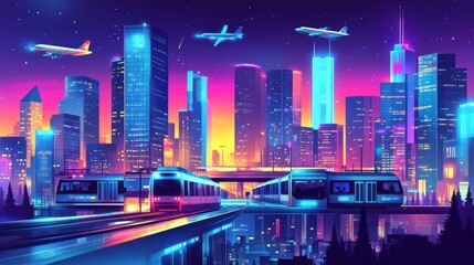 Obraz premium Neon city skyline transport at night