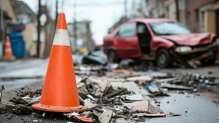 An orange traffic cone amidst debris from a recent car accident, with a damaged vehicle visible in the background, evoking a sense of urgency and caution. emergency response