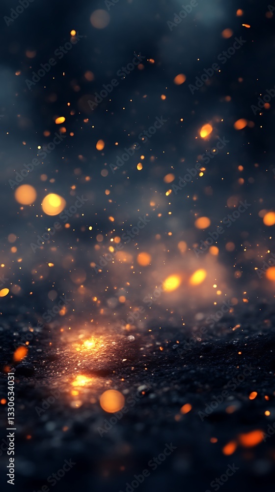 Poster luminous floating particles of light against a dark hazy background