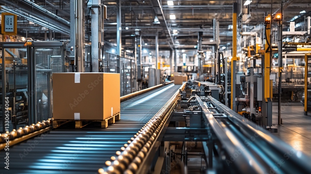 Poster automated conveyor system in modern factory for cardboard boxes