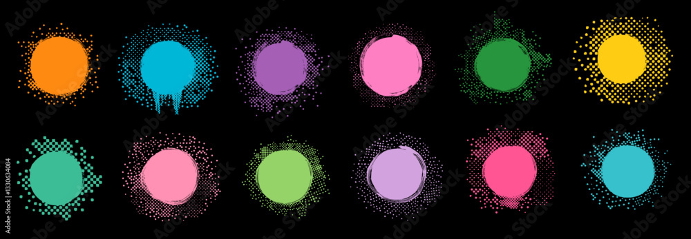 Poster colorful round vector shapes with halftone effect dots, abstract dissolving circle graphic design el