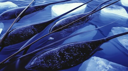 Majestic Narwhals: Rare Sight of a Pod Swimming Beneath Ice with Spiral Tusks Breaking Surface
