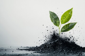 A stylized graphic of a plant dissolving in a puddle of acid rain, with vibrant greens transitioning to black on a white backdrop