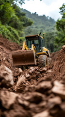 Fototapeta premium Yellow backhoe excavating dirt road, surrounding verdant mountain forest landscape