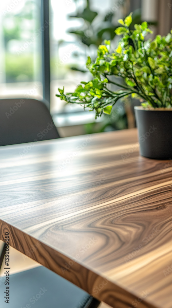 Aufkleber sunlight illuminating empty walnut dining table with small green plant centerpiece in modern dining 