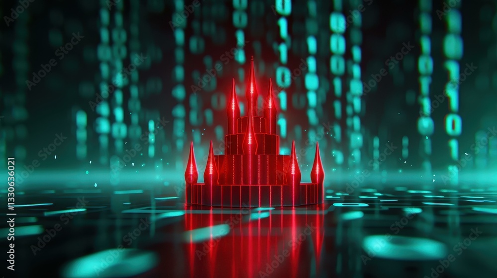 Poster an imaginative digital stronghold, where binary code weaves into a shield protecting online assets f