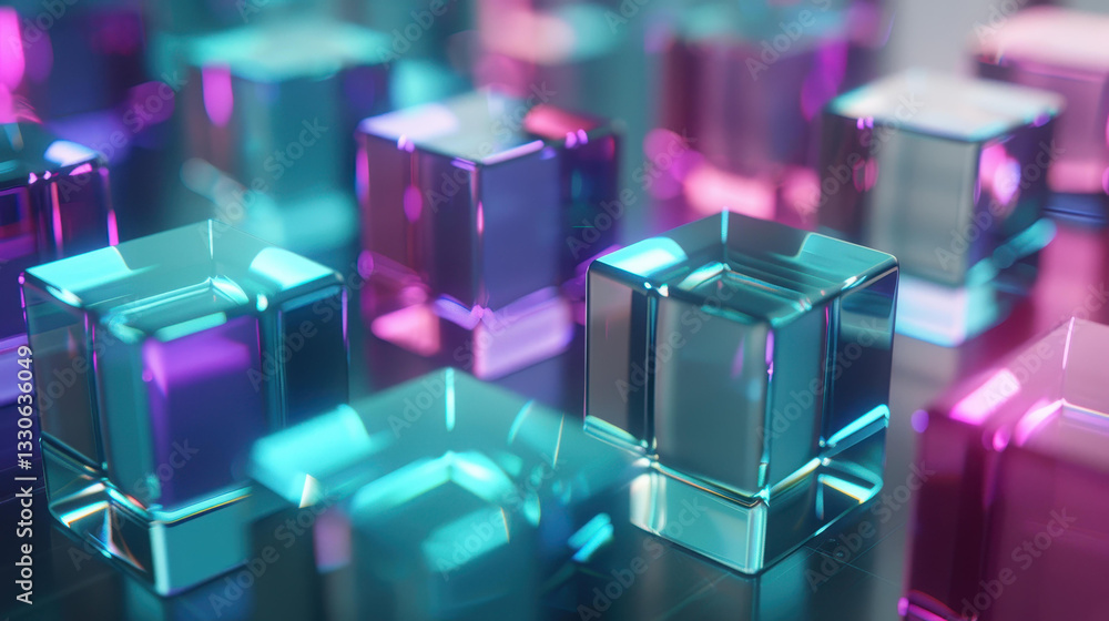 Poster discover a captivating visualization of data formation with clustered glass cubes in vibrant hues, s