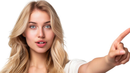 Obraz premium Blonde woman pointing finger on transparent background