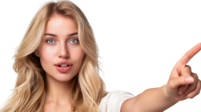 Blonde woman pointing finger on transparent background