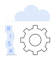 Gear alongside a stacked block spelling RISK beneath a cloud. Ideal for business strategy, decision-making, planning, risk analysis, operations, technology, workflow. Abstract line flat metaphor