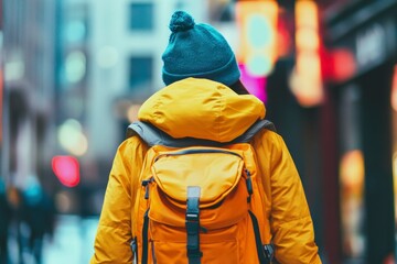 Obraz premium Person with Backpack Walking in City, Yellow Jacket and Teal Knit Hat, Urban Exploration