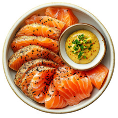 A Bowl of Swedish Gravlax Cured Salmon Served with Mustard Sauce Isolated on Transparent Background